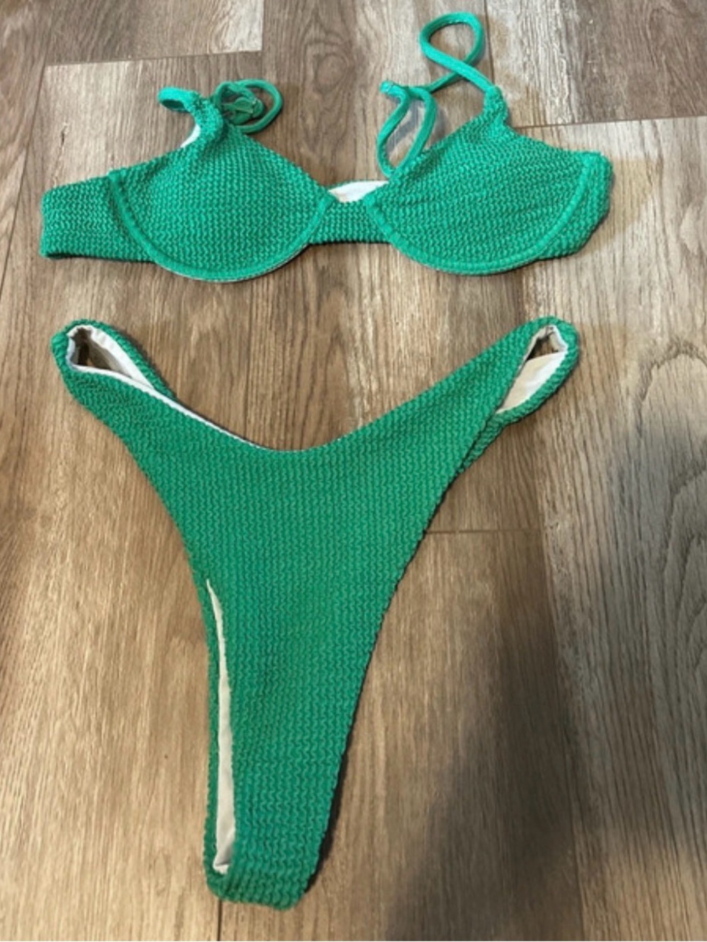 Green Textured Two-Piece Bikini Set - Women Swim